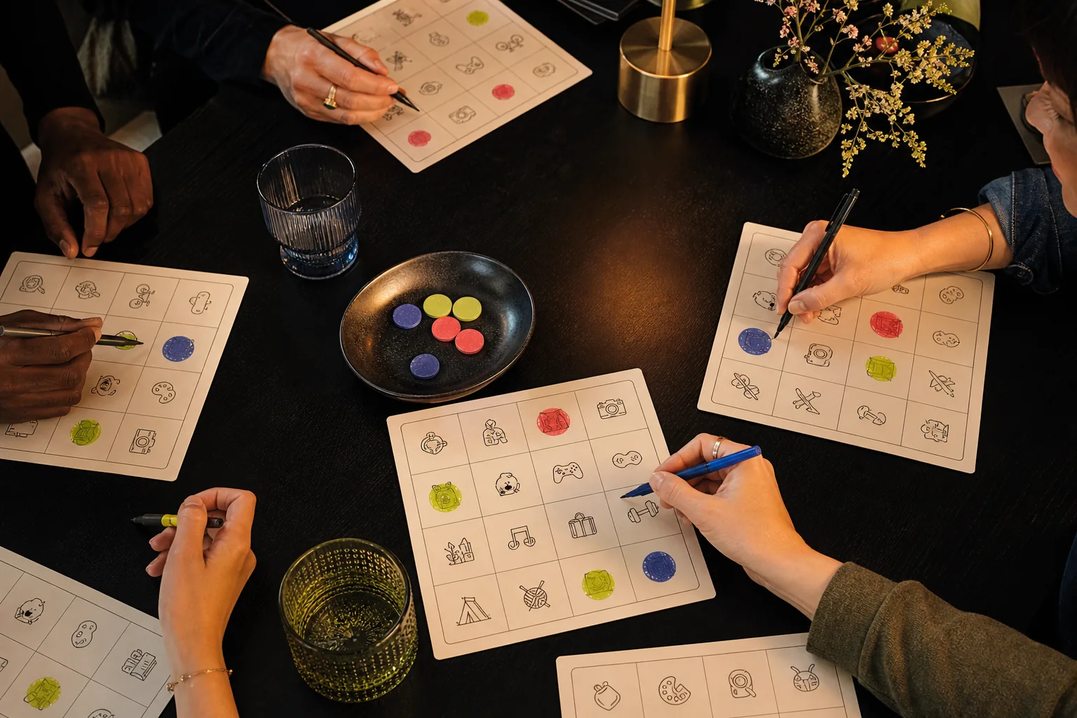Manos adultas marcando tarjetas de cuadrícula con iconos abstractos de intereses