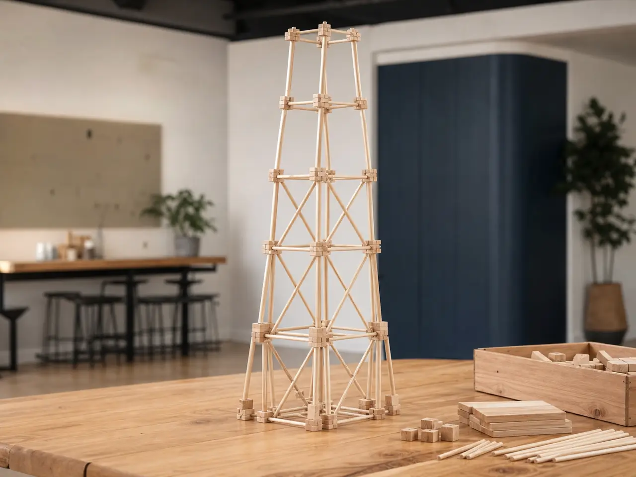 Representación editorial de una torre de construcción con piezas de madera