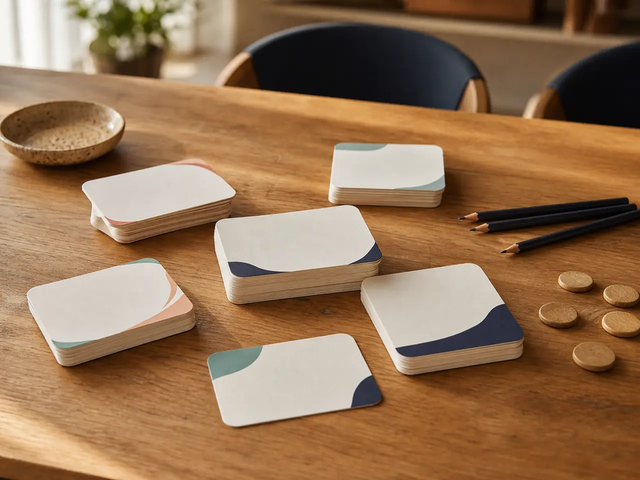 Representación editorial de tarjetas de conversación y fichas sobre una mesa