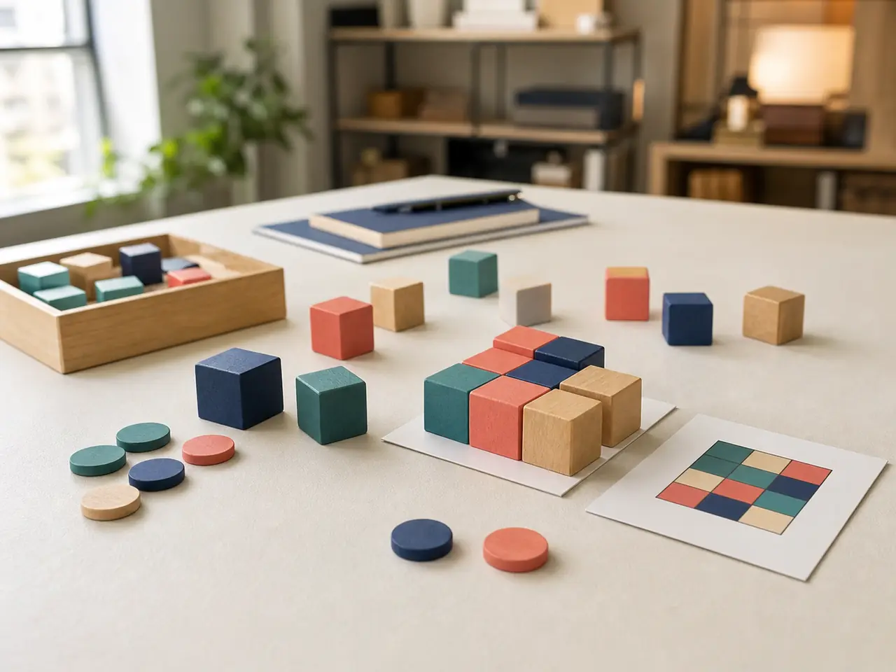 Representación editorial de cubos y marcadores de colores para una dinámica de coordinación