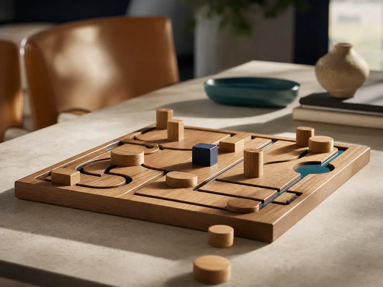 Representación editorial de un tablero de estrategia con piezas de madera