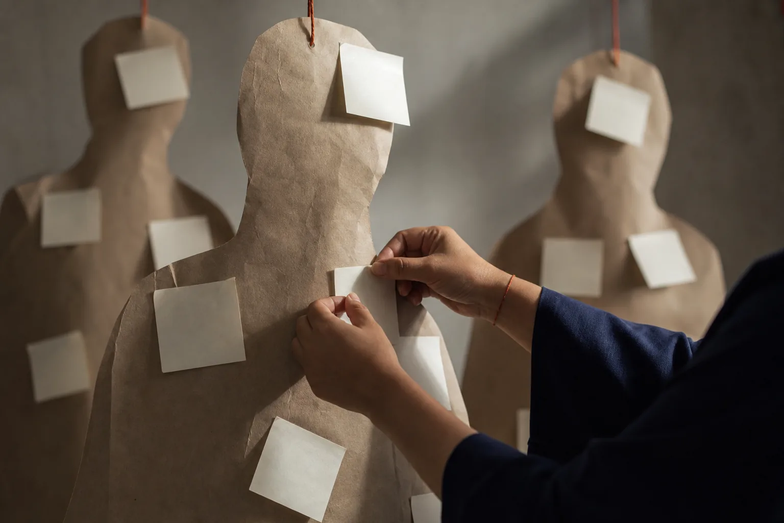Manos colocando notas sin texto sobre siluetas de papel en una instalación editorial