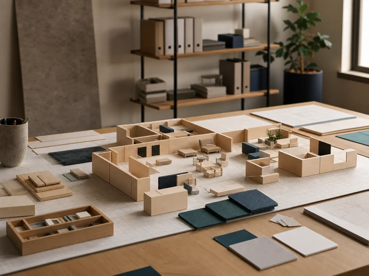 Representación editorial de una maqueta modular de espacio de trabajo