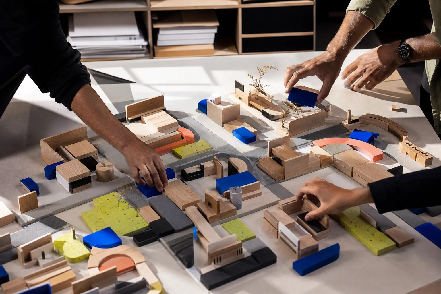 Manos adultas organizando módulos arquitectónicos genéricos sobre una mesa