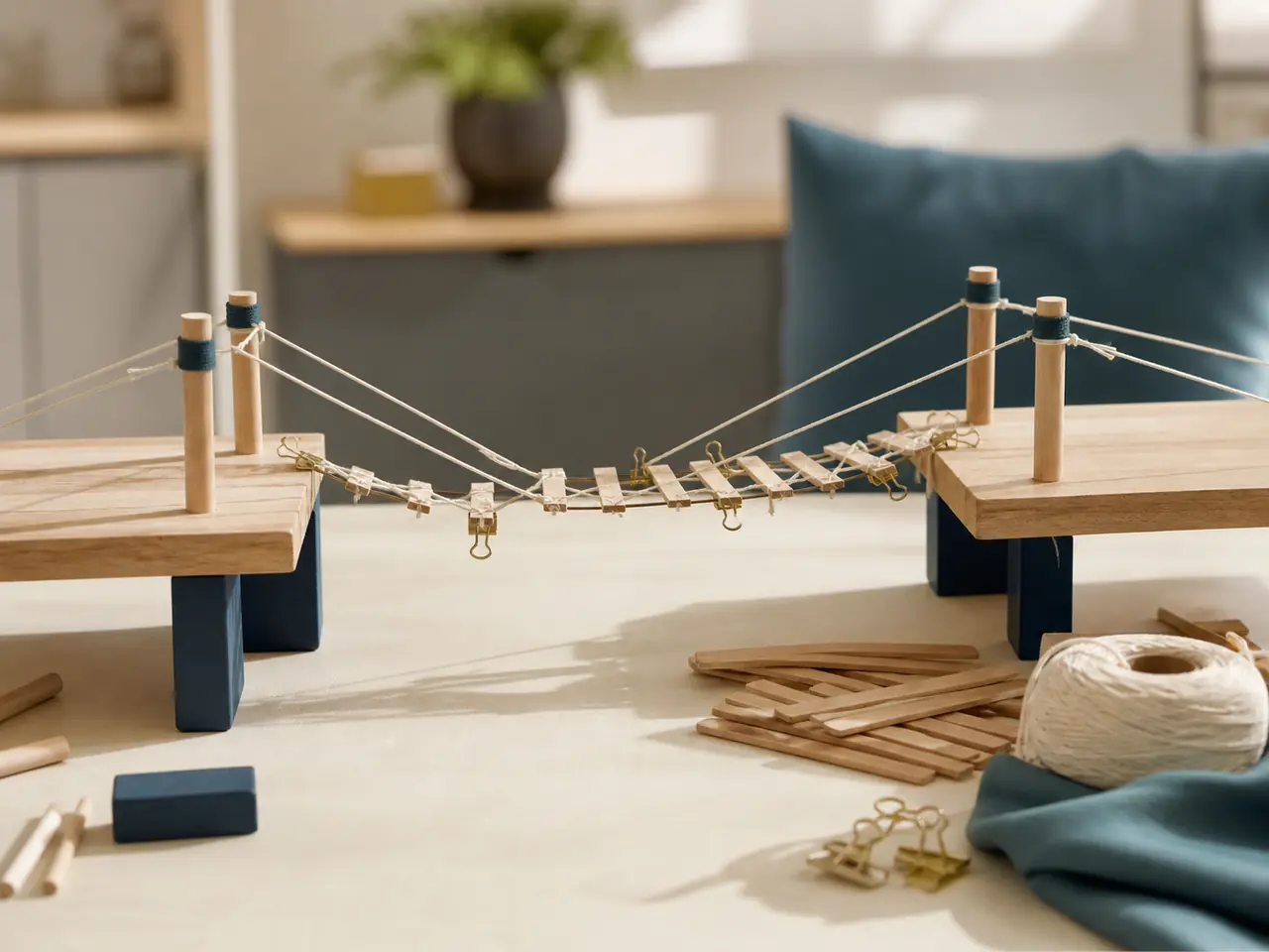 Representación editorial de un puente de madera y cuerda para una dinámica de colaboración