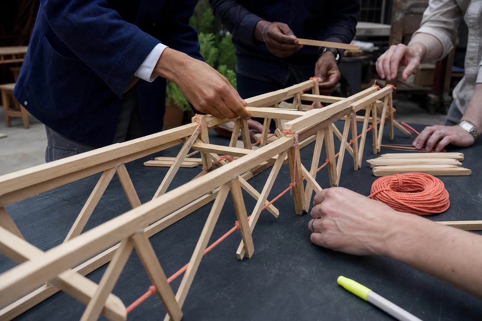Manos adultas construyendo un puente de varillas de madera y cuerda coral
